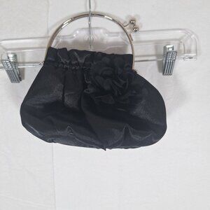 Black Satin Evening Clutch Purse With Silver Metal Handle & Floral Accent